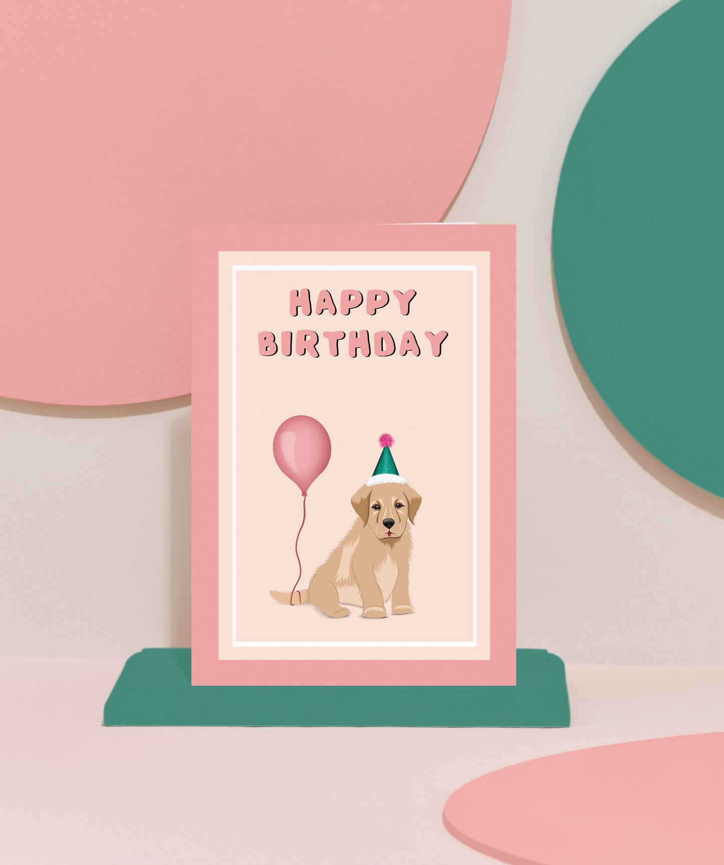 ‘Puppy with balloon’ card in pink