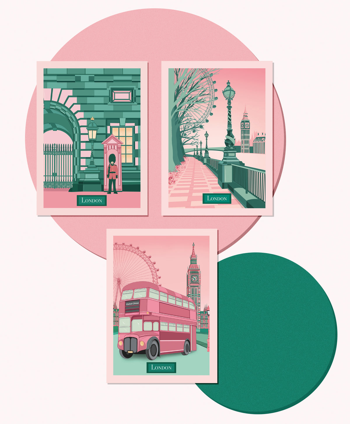 Three illustrated London-themed art prints arranged on a light pink background with two large teal circular shapes behind them. The prints show architectural and street scenes labeled London, including a red double-decker bus, Ferris wheel, clock tower, and lampposts.